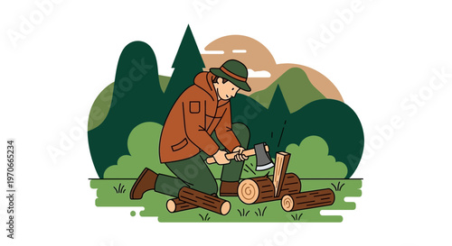 Woodcutter In A Forest Chopping Logs With An Axe During Autumn Season