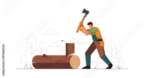 Woodcutter Chopping Logs In A Stylized Forest Scene