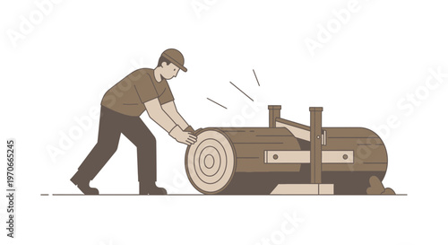 Woodcutter Operating A Sawmill Cutting A Large Log