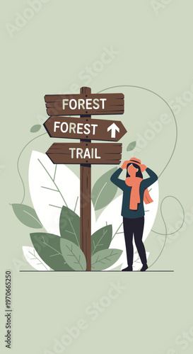 Woodland Path Choice Woman Contemplating Forest Trail Decision