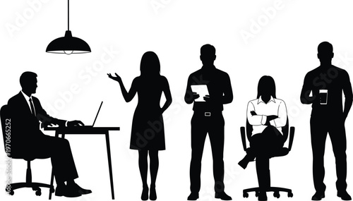 Corporate business people silhouettes working and standing in office environment with laptop and documents, professional team workplace vector illustration concept