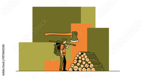 Woodsman Carrying Axe With Stacked Lumber Ready For Work