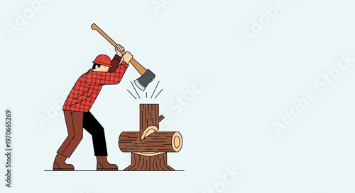 Woodcutter Chopping Log With Ax And Plaid Shirt Lifestyle