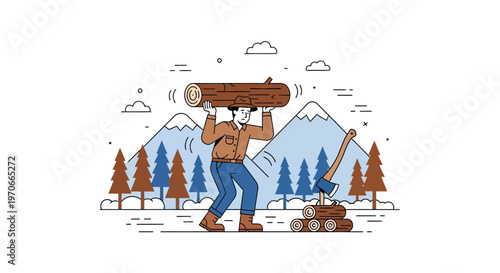 Woodsman Carrying Large Log In Snowy Mountain Forest With Axe And Stacks Of Wood