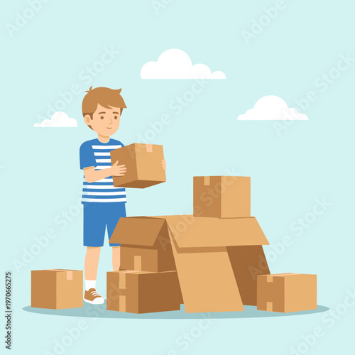 Young Boy Packing Boxes For Moving Day Adventure