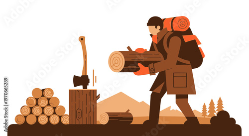 Woodsman Carrying Log With Axe And Stacked Timber For Firewood