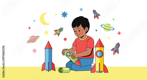 Young Boy Playing With Rocket Toys Space Imagination Childhood Dreams