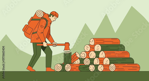 Woodsman Chopping Logs While Backpacking In Mountainous Terrain