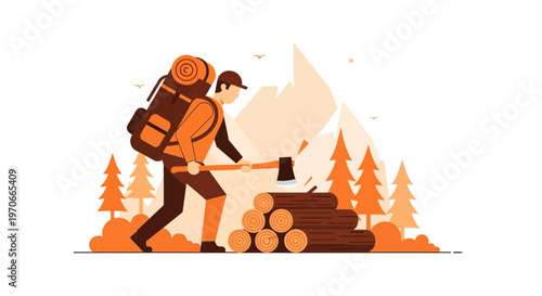 Woodsman Chopping Logs In Mountain Forest Adventure