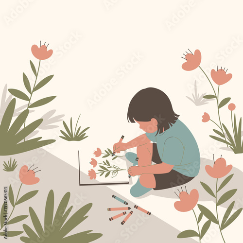 Young Artist Inspired by Nature Drawing Floral Sketchbook Outdoors