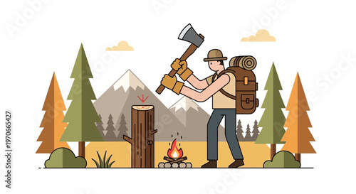 Woodsman Chopping Timber For Campfire With Mountain Backdrop
