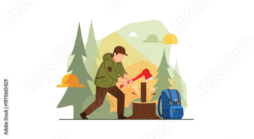Woodsman Chopping Timber In A Forest Scene With Backpack