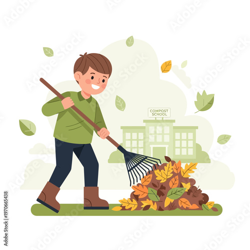 Young Boy Raking Autumn Leaves Outside School Building