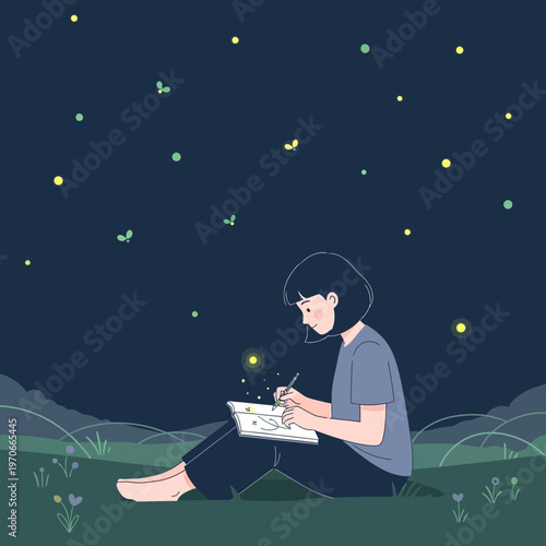 Young Artist Sketches Under A Starry Sky Filled With Fireflies