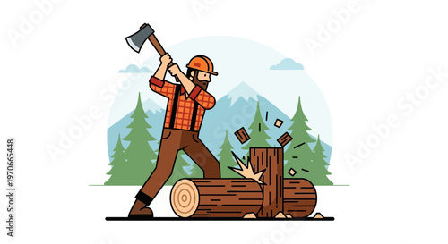 Woodsman Chopping Timber In Forest Landscape With Mountains And Trees