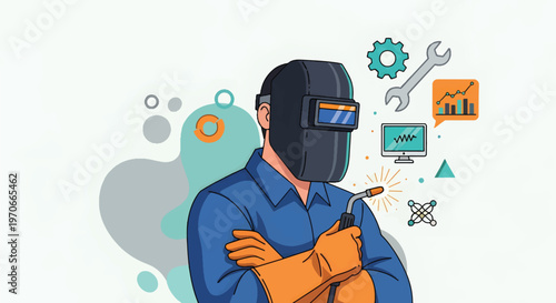 A skilled worker wearing a protective mask and gloves stands confidently with crossed arms surrounded by industrial icons and tools in a modern workspace.