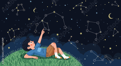Young Astronomer Gazing At Star Constellations In The Night Sky