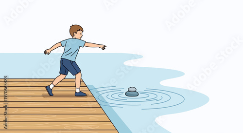 Young Boy Skips Stone On Calm Water From Wooden Pier