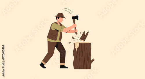Woodsman Chopping Timber With Axe In Flat Illustration Style