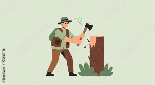 Woodsman Chopping Tree Trunk With Ax Outdoors