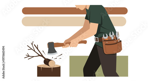 Woodsman Chopping Tree Branch With Axe In Tool Belt Ready