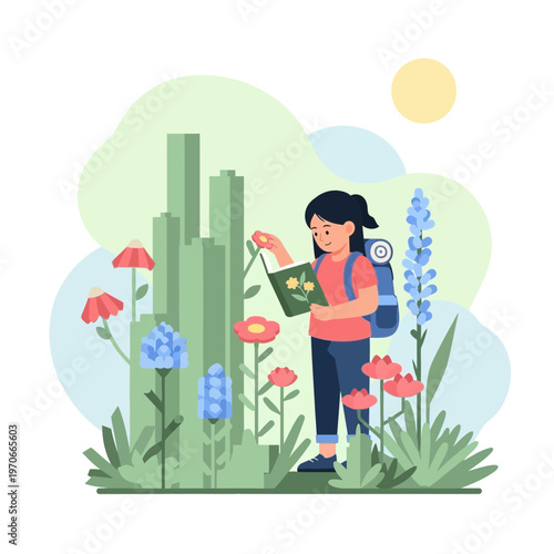 Young Botanist Exploring Lush Flora And Discovering New Species In A Verdant Ecosystem