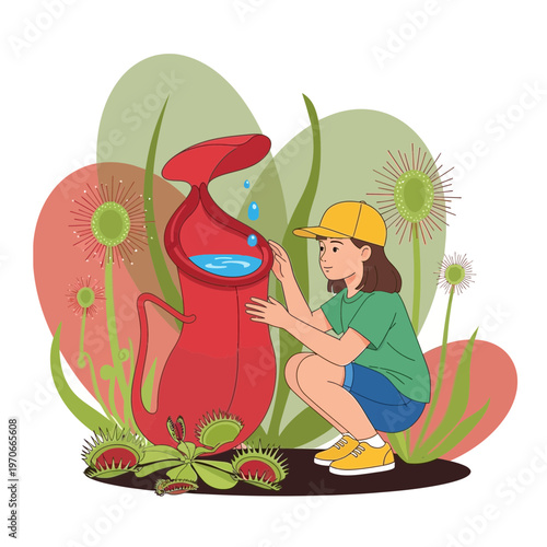 Young Botanist Observing Carnivorous Pitcher Plant With Fascination
