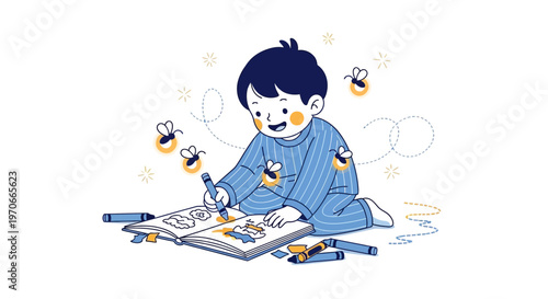Young Child Drawing With Fireflies During Evening Calm