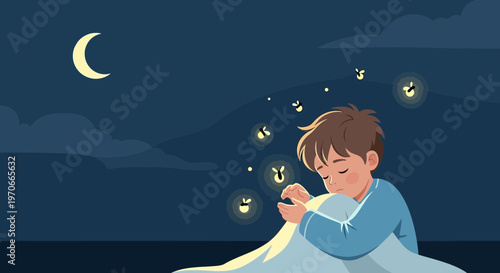 Young Child Gazing At Fireflies Under A Crescent Moon Sky