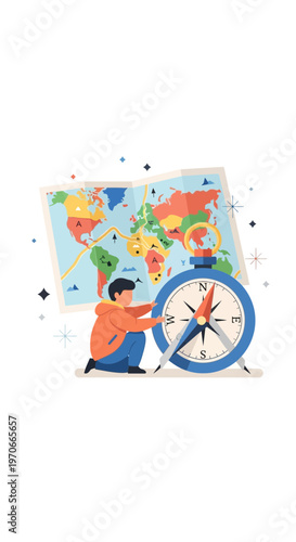 Young Explorer Navigates Global Map With Oversized Compass Device