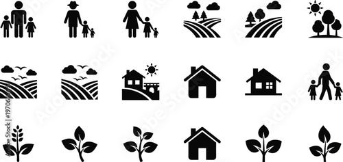 Family home and nature icons set featuring people houses plants landscape sustainability rural life eco friendly vector illustration collection