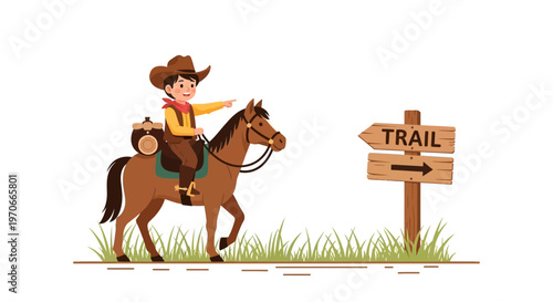 Young Cowboy On Horseback Points Toward Trail Sign Adventure