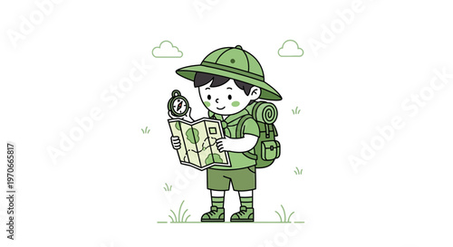 Young Explorer Navigating With Map and Compass Cartoon Style