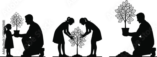 Family tree planting silhouettes showing parent child interaction environmental care sustainability growth nurturing nature eco friendly lifestyle vector illustration concept