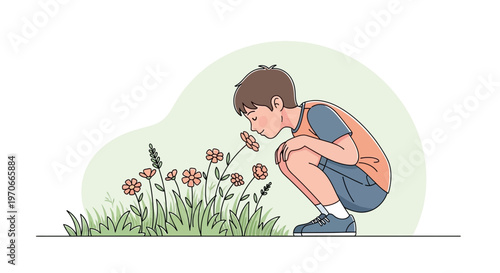 Young Boy Engaged In Nature Smelling Delicate Wildflowers