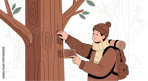 Young Explorer Studies Tree Bark Texture in Winter Forest Setting