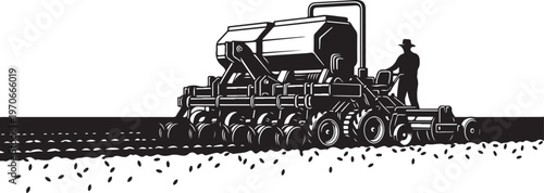 Farmer operating large tractor in a field with seed spreader