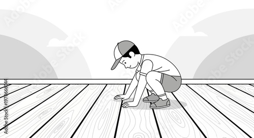 Young Boy Examining Wooden Floor Detail