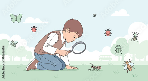 Young Explorer Studying Insects With Magnifying Glass Outdoors
