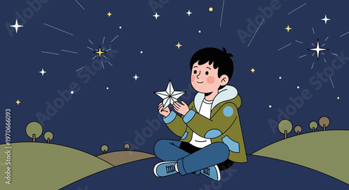 Young Boy Gazing At Night Sky Holding A Paper Star