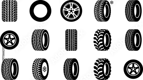Tire and wheel icons silhouette vector illustration featuring tread patterns, rim designs, decorative automotive motifs, and vehicle parts.eps
