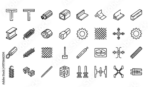 Metal products fabrication icons set with beam tube gear and casting elements editable stroke line vector for industrial design