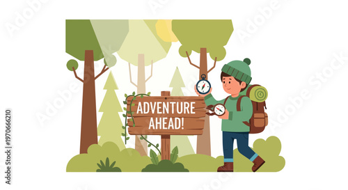 Young Explorer With Backpack And Compasses In Forest Ready For Adventure