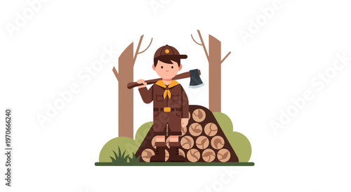 Young Explorer With Axe And Firewood In Forest