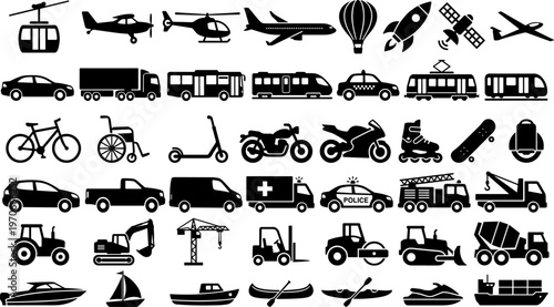 Transportation icons silhouette vector illustration featuring aerial, land, water, emergency, and construction vehicles with decorative travel motifs