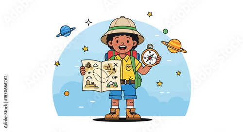 Young Explorer With Map And Compass Charting A Galactic Adventure