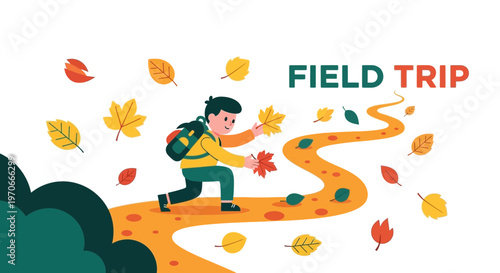 Young Explorer Embraces Autumnal Field Trip Adventures Collecting Colorful Leaves