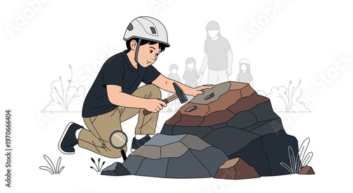 Young Geologist Exploring Rock Formations With Hammer And Magnifying Glass