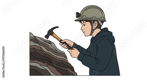 Young Geologist Examines Stratified Rock Formations With Hammer