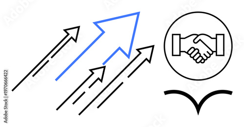 Growth ed by arrows showing upward movement and partnership by handshake. Growth in business and partnership highlighted by these elements. Ideal for success, teamwork, business strategy, growth